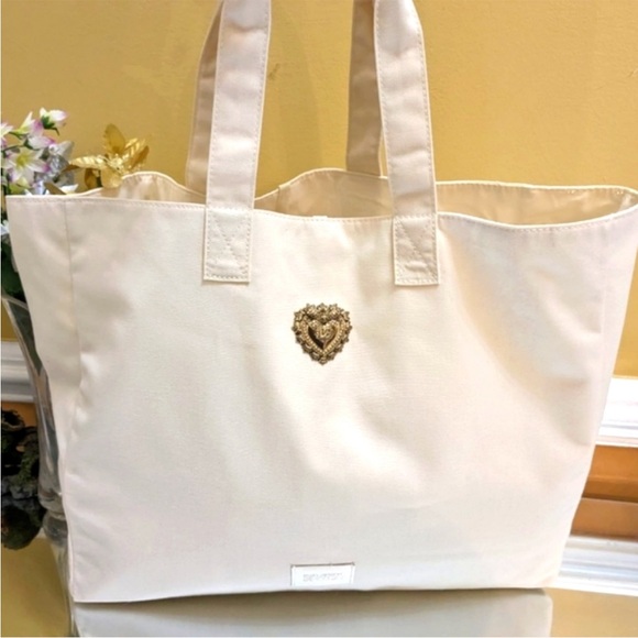 Dolce & Gabbana Devotion Cream Canvas Large Tote Bag Purse D&G Gold Heart Plaque - Picture 3 of 14